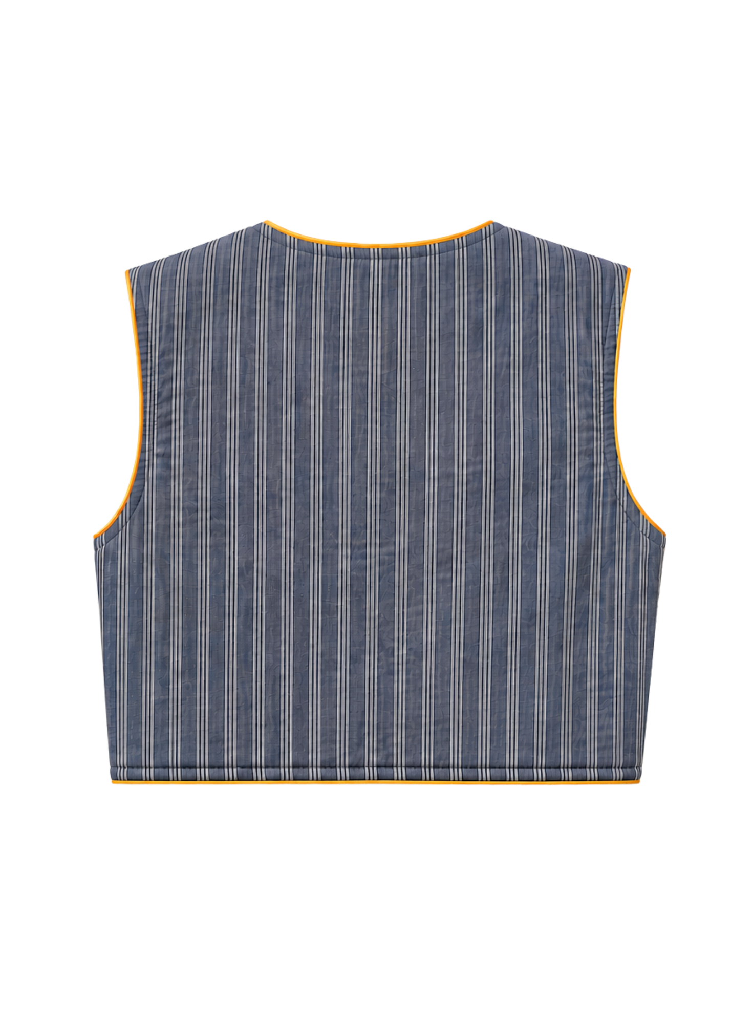 A sleeveless cropped reversible vest with vertical grey-blue and white pinstripes and yellow-orange contrast piping, shown from the back on a white background.