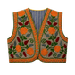 A sleeveless embroidered reversible vest with a gray striped base, featuring vibrant orange floral motifs, green leaves, and red accents, bordered by orange and green trim.