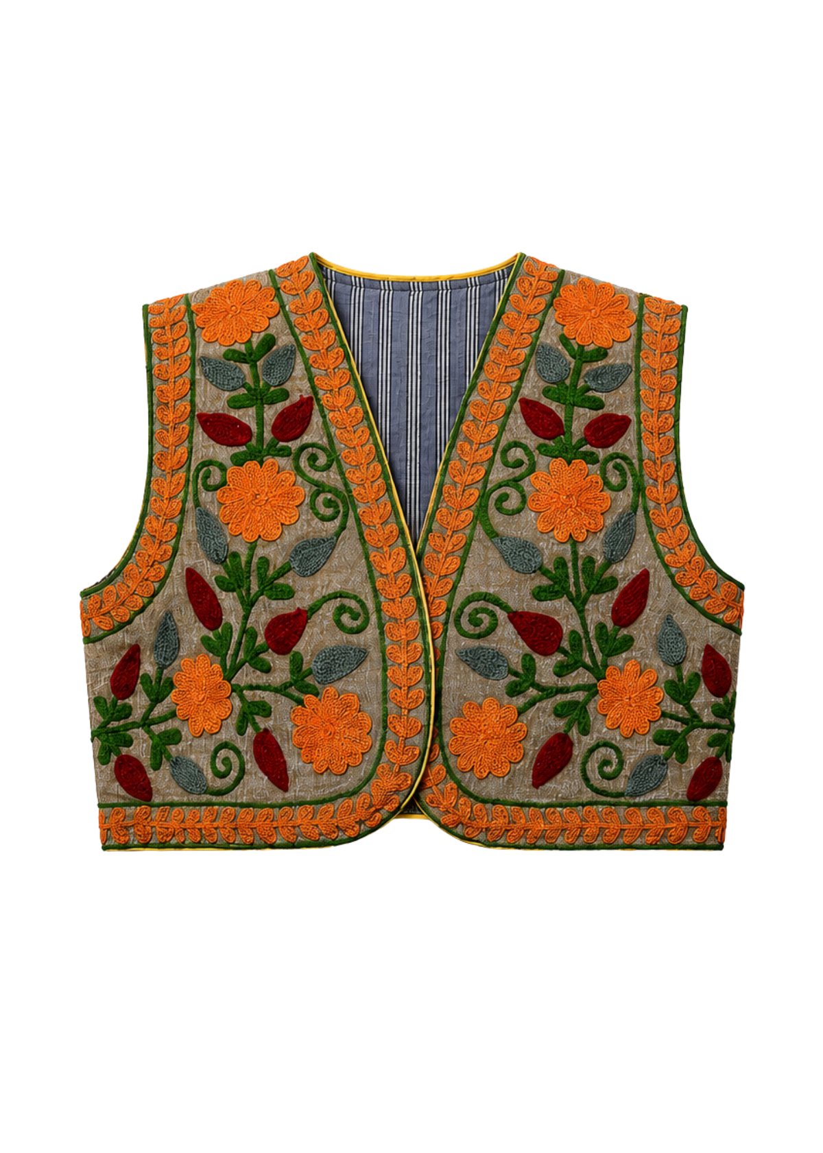 A sleeveless embroidered reversible vest with a gray striped base, featuring vibrant orange floral motifs, green leaves, and red accents, bordered by orange and green trim.