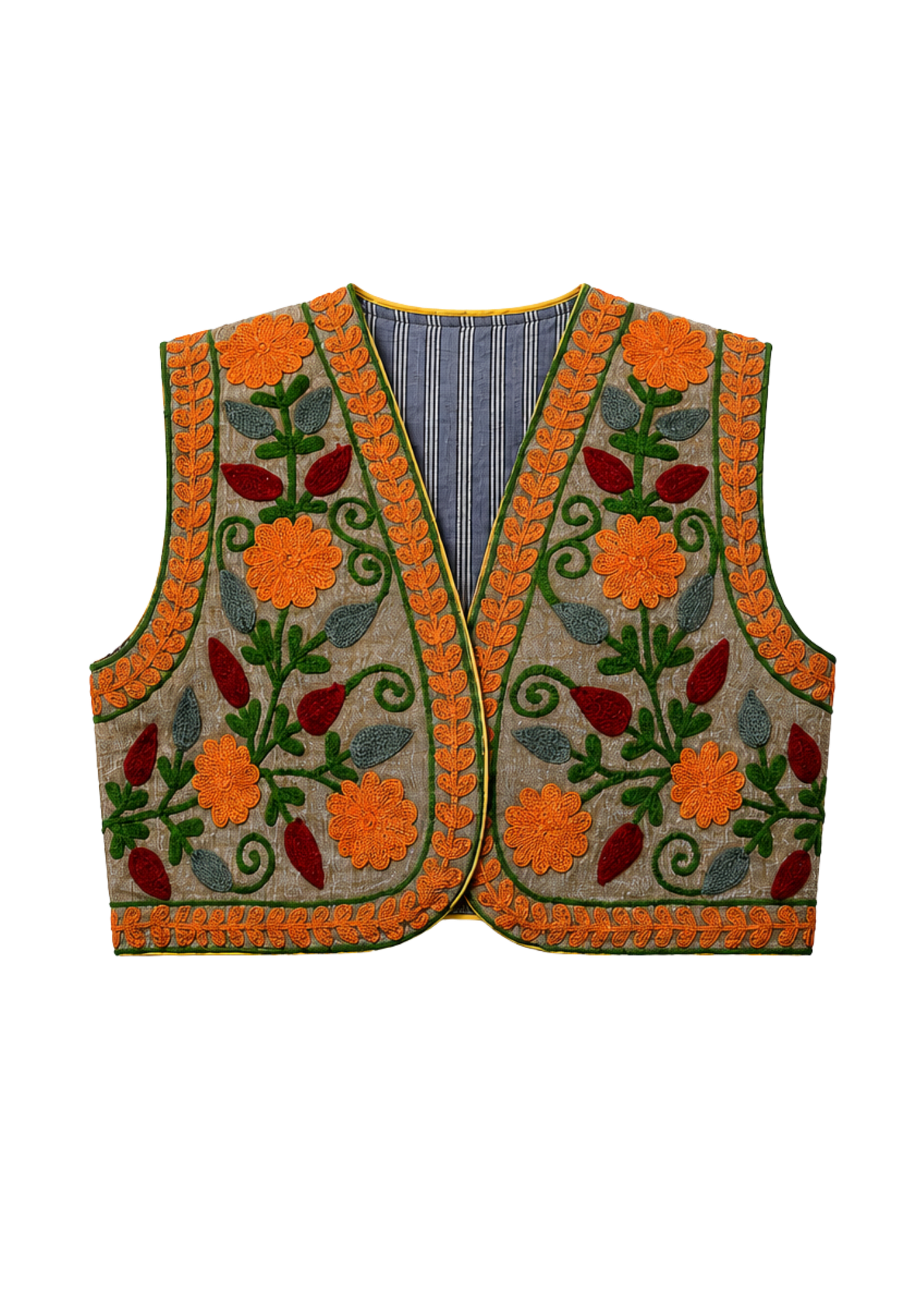 A sleeveless embroidered reversible vest with a gray striped base, featuring vibrant orange floral motifs, green leaves, and red accents, bordered by orange and green trim.