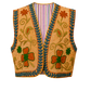 A traditional embroidered reversible vest in a warm tan or ochre color, featuring large floral motifs in orange and green, with blue-green leafy borders and a striped lining visible inside the open front.