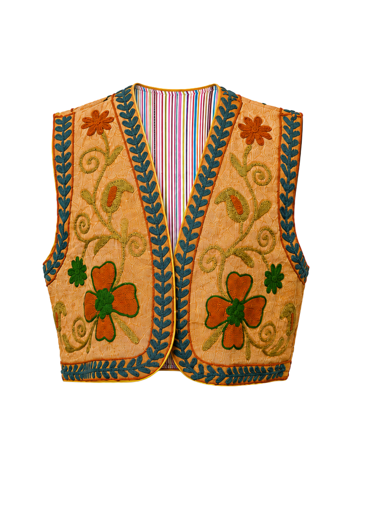 A traditional embroidered reversible vest in a warm tan or ochre color, featuring large floral motifs in orange and green, with blue-green leafy borders and a striped lining visible inside the open front.