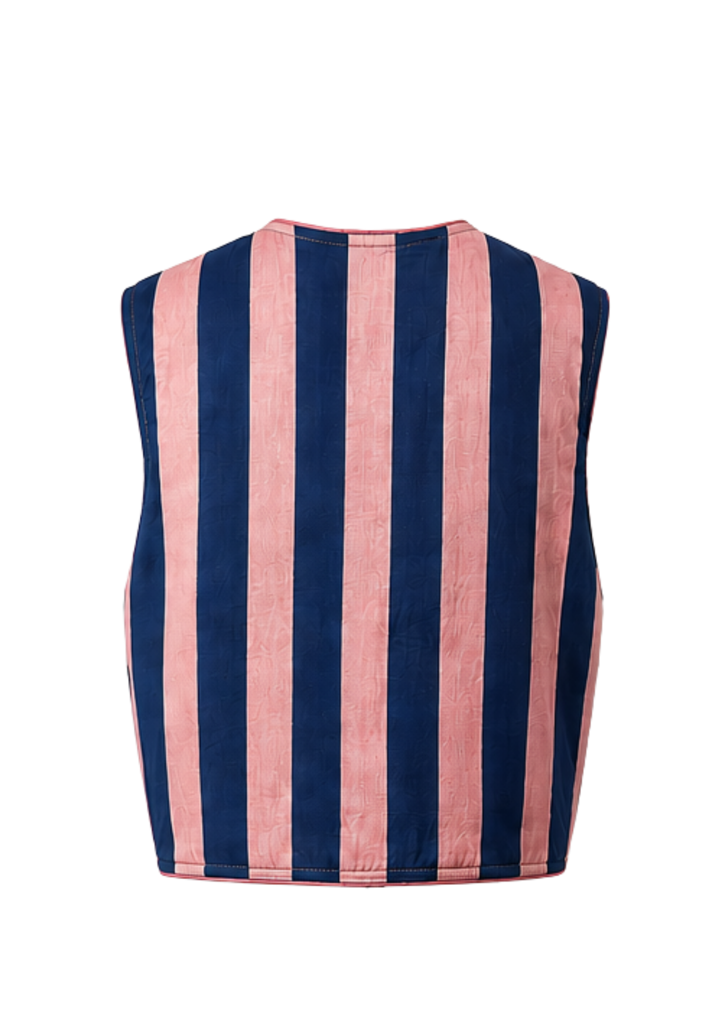 A sleeveless reversible vest featuring vertical stripes in dusty pink and navy blue, shown from the back against a plain white background.