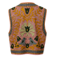 A pink quilted reversible vest with intricate multicolor embroidery featuring yellow floral motifs, green and gray birds, and braided trim, shown against a plain white background.