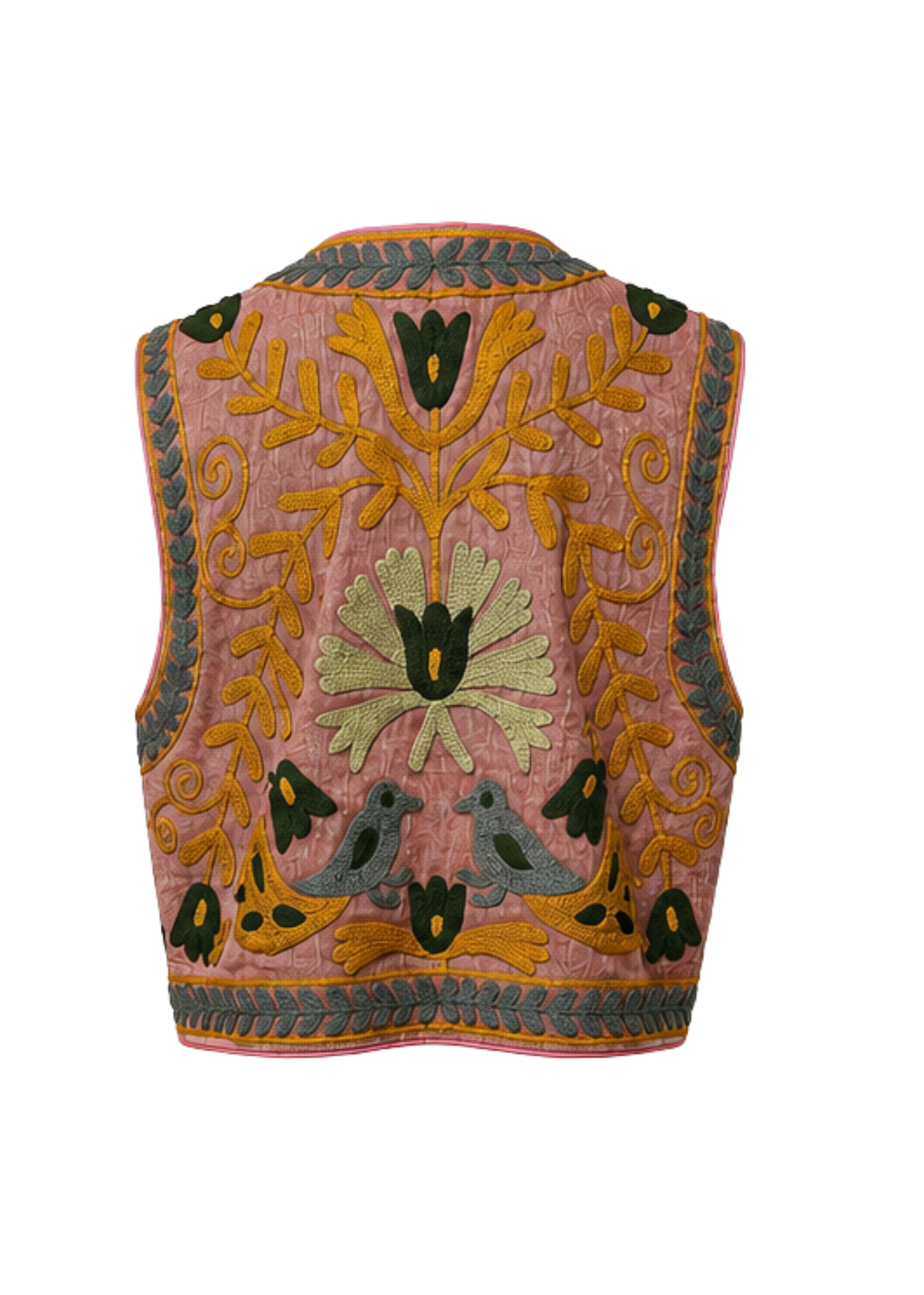 A pink quilted reversible vest with intricate multicolor embroidery featuring yellow floral motifs, green and gray birds, and braided trim, shown against a plain white background.
