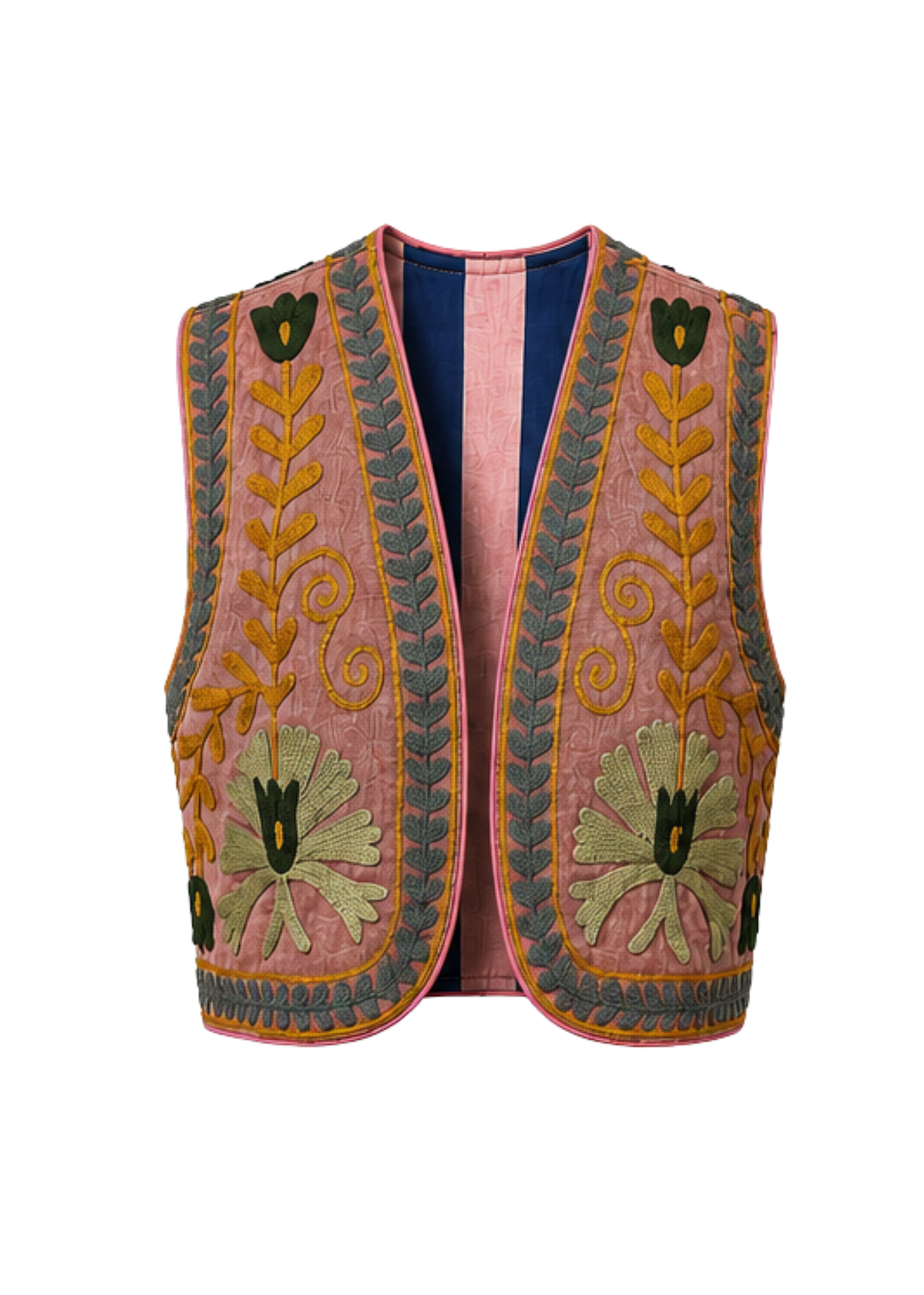 A sleeveless embroidered reversible vest in dusty pink velvet with intricate floral and vine embroidery in olive green, mustard yellow, and light green, featuring a dark blue lining.