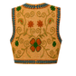 A sleeveless cropped reversible vest in warm tan/beige fabric with ornate embroidered floral and vine patterns in green, orange, and blue, shown flat against a white background.