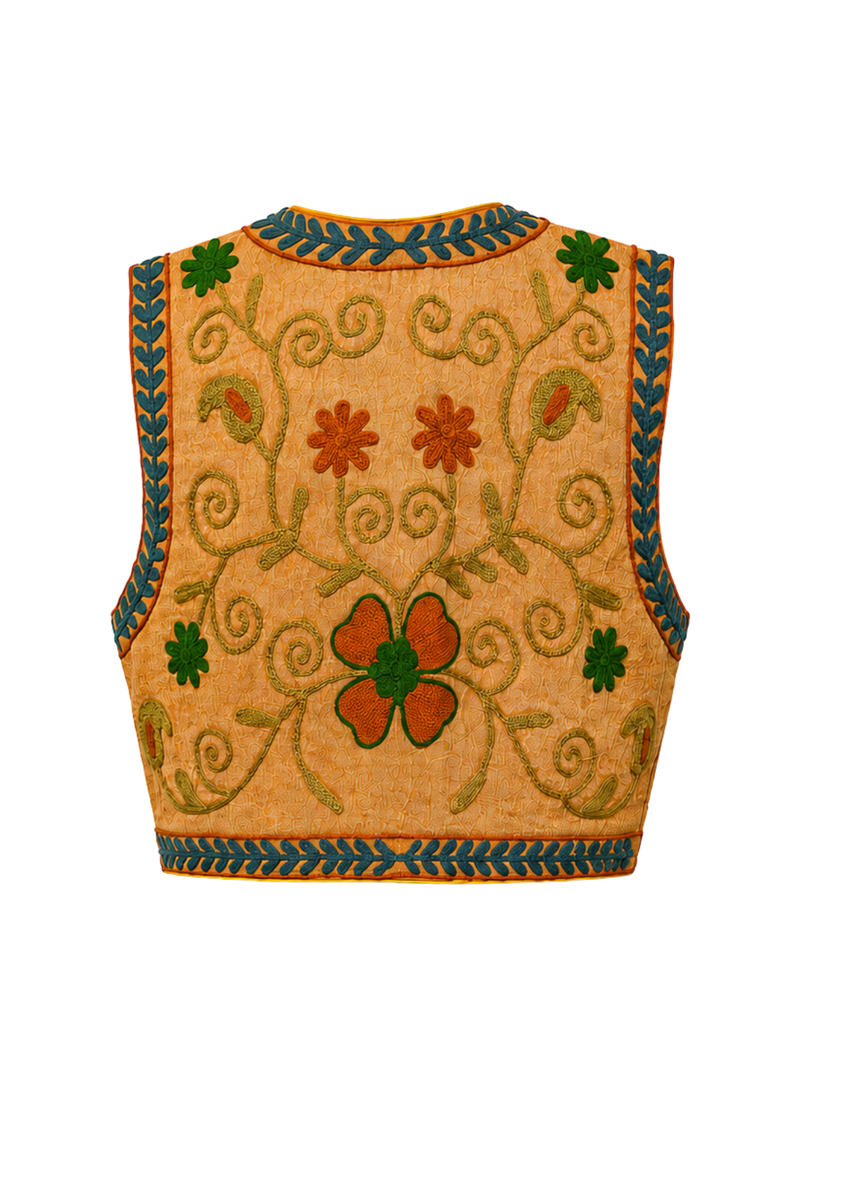 A sleeveless cropped reversible vest in warm tan/beige fabric with ornate embroidered floral and vine patterns in green, orange, and blue, shown flat against a white background.