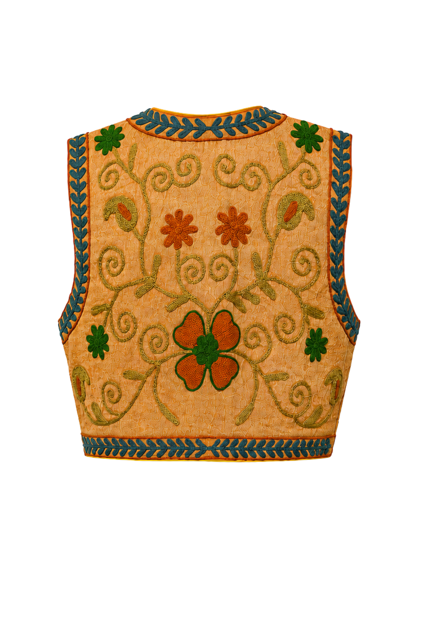 A sleeveless cropped reversible vest in warm tan/beige fabric with ornate embroidered floral and vine patterns in green, orange, and blue, shown flat against a white background.
