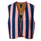 A sleeveless reversible vest with vertical pink and navy blue stripes, featuring a colorful embroidered floral pattern lining the open front, shown against a plain white background.