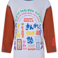 Long-sleeve shirt with colorful text and graphics on a white background