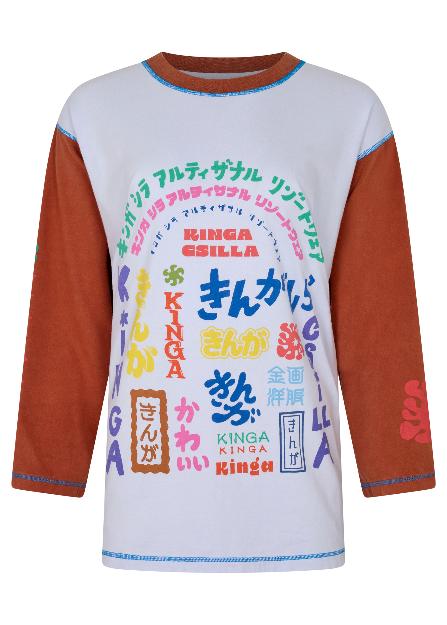 Long-sleeve shirt with colorful text and graphics on a white background