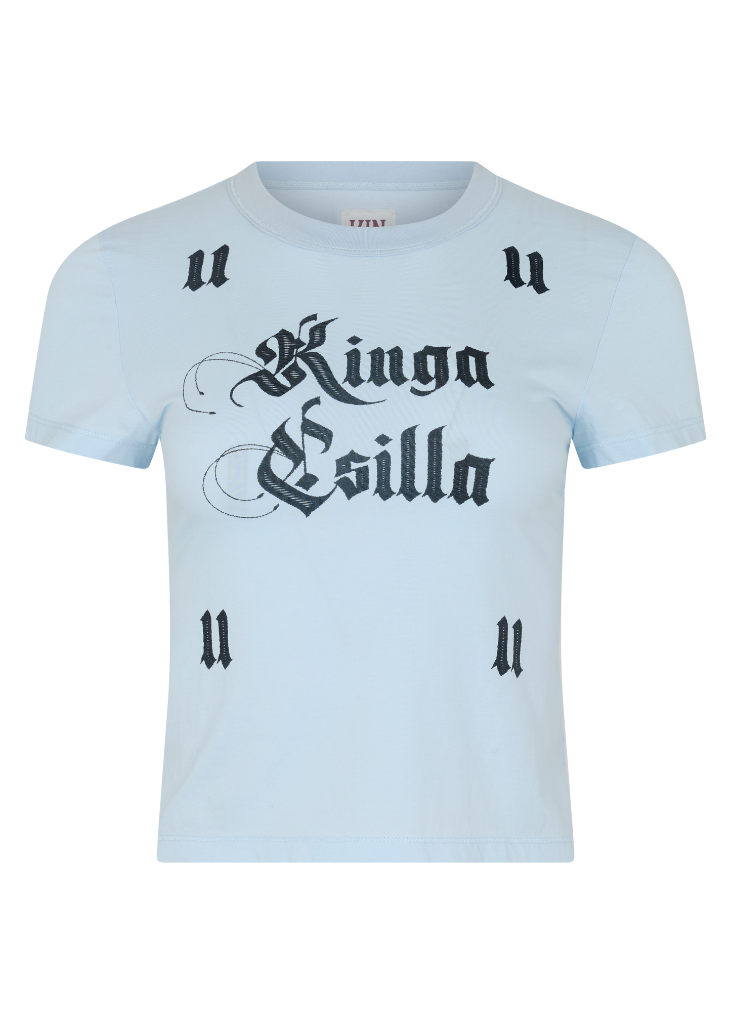 Light blue cropped cotton tee with vintage gothic logo print, soft feel, and fitted silhouette