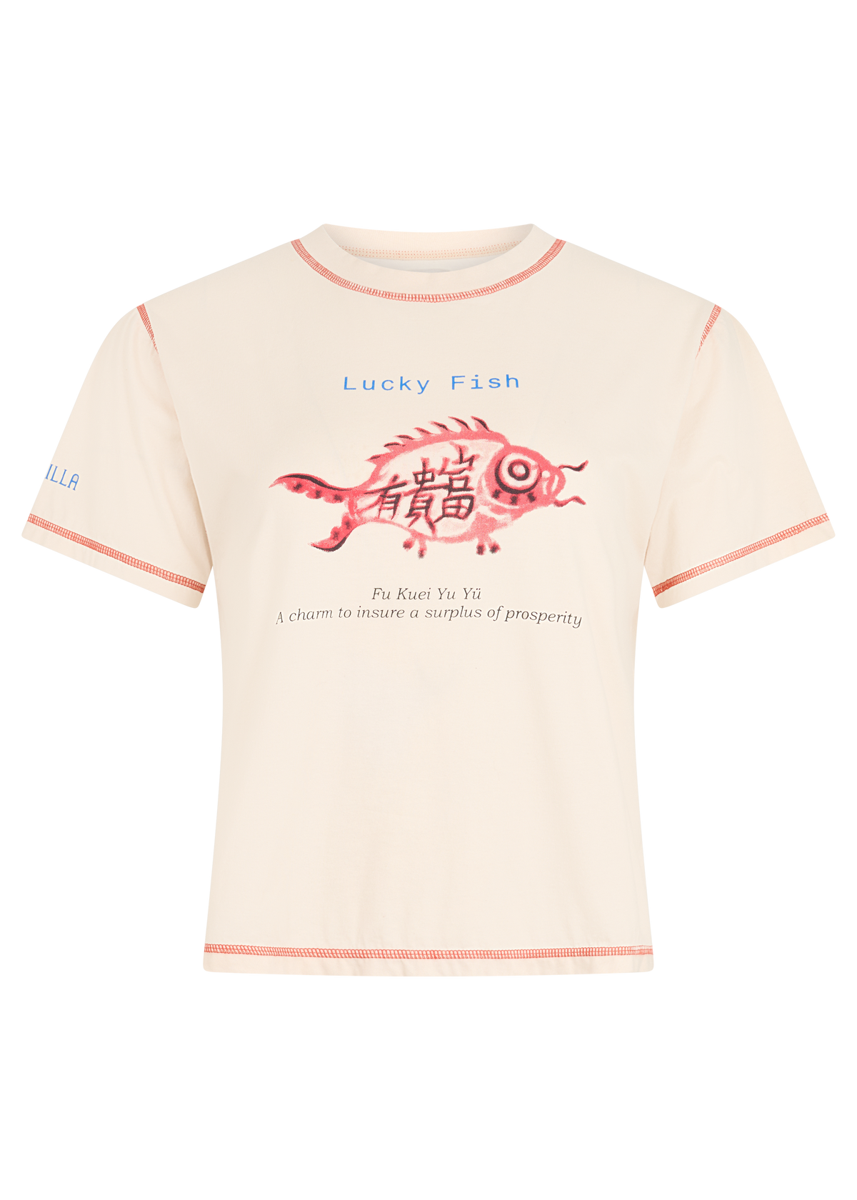 A cream baby tee with coral hem stitching and an abstract fish graphic displayed on a white background