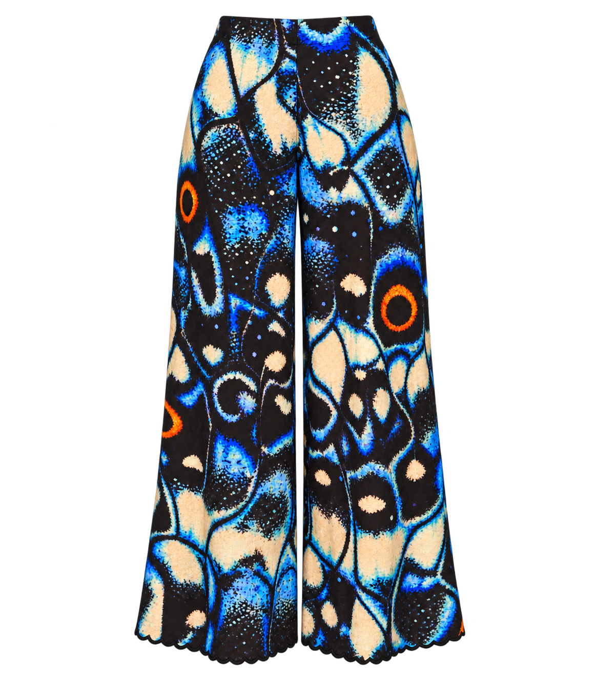 Wide-leg pants with a blue, cream, black and orange abstract butterfly inspired pattern, displayed on a plain white background
