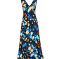 A v-neck maxi dress with a blue, cream, black and orange abstract butterfly inspired pattern, displayed on a white background.