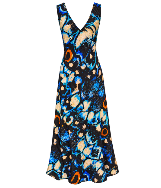 A v-neck maxi dress with a blue, cream, black and orange abstract butterfly inspired pattern, displayed on a white background.