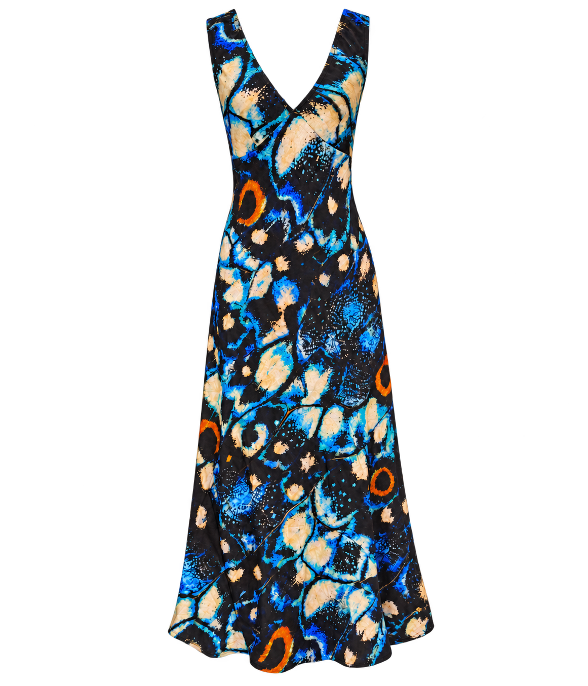 A v-neck maxi dress with a blue, cream, black and orange abstract butterfly inspired pattern, displayed on a white background.