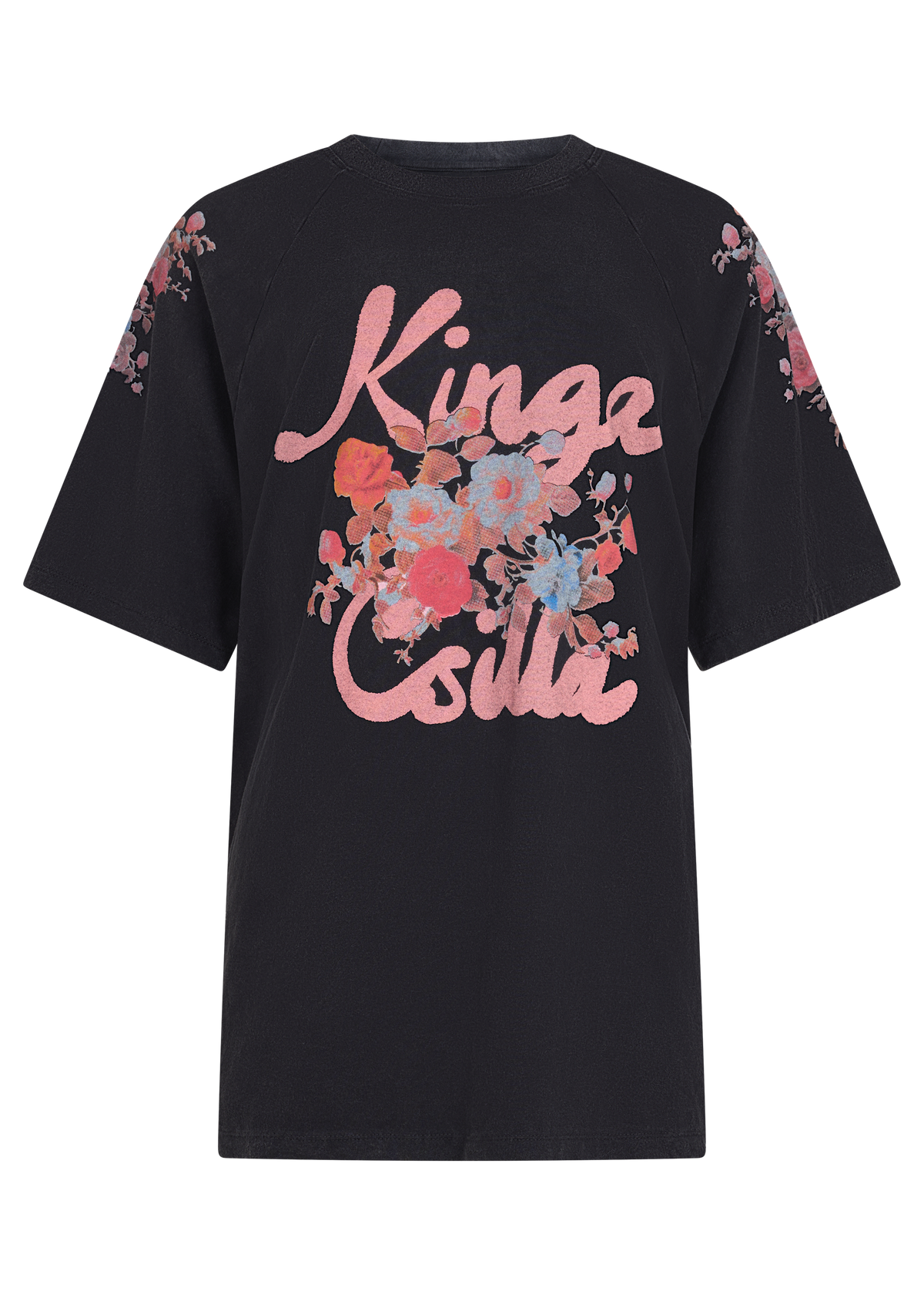 A black short-sleeve t-shirt with a large pink 'Kinga Csilla' script graphic and a colorful floral print on the front, with matching floral details on the sleeves, shown against a plain white background.