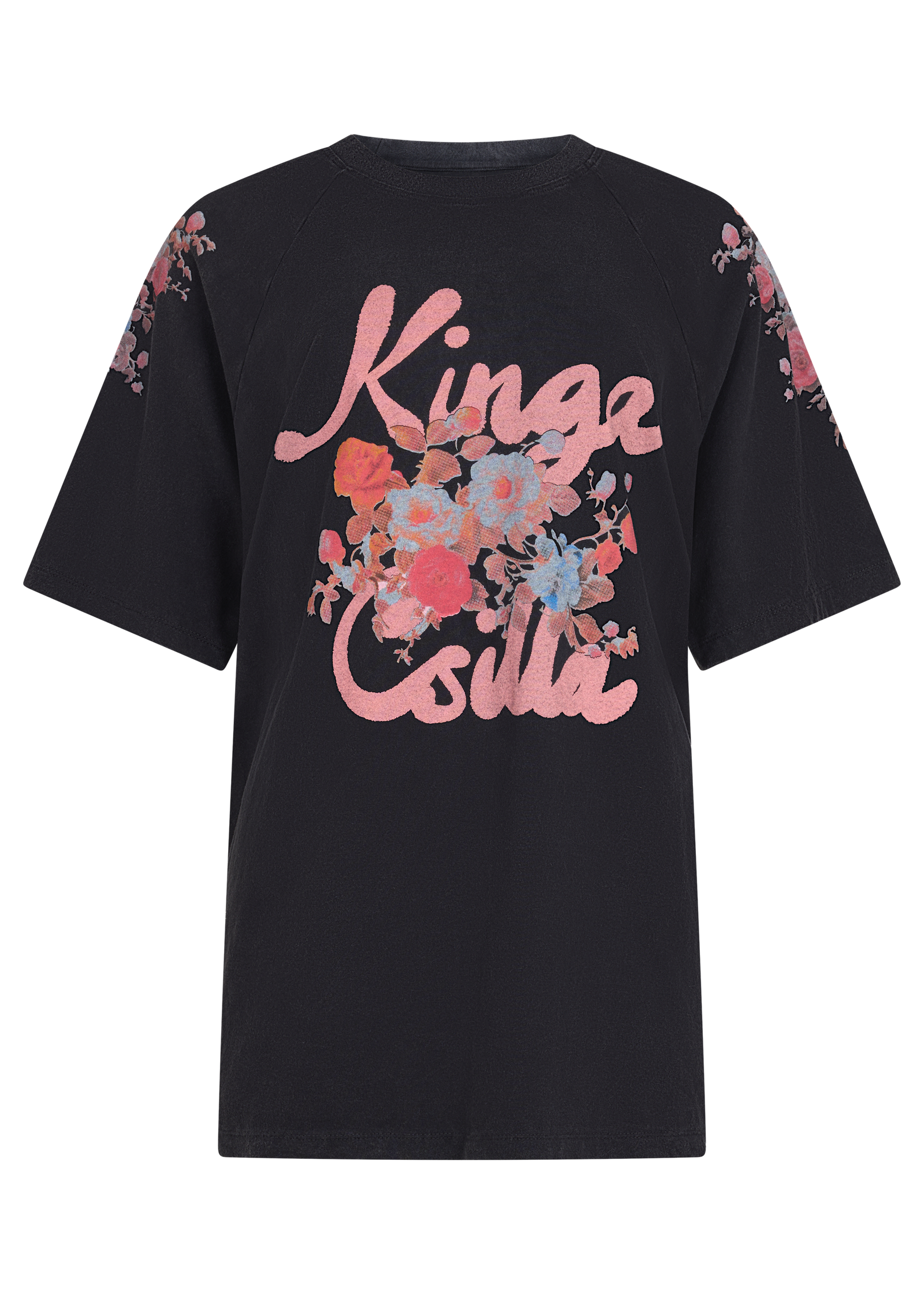 A black short-sleeve t-shirt with a large pink 'Kinga Csilla' script graphic and a colorful floral print on the front, with matching floral details on the sleeves, shown against a plain white background.