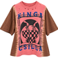 A pink and brown tie-dye shirt with a black graphic print and blue 'KINGA CSILLA' text, displayed on a white background.