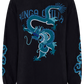 Black long-sleeve shirt with blue dragon design and 'Kinga Csilla' text on a white background