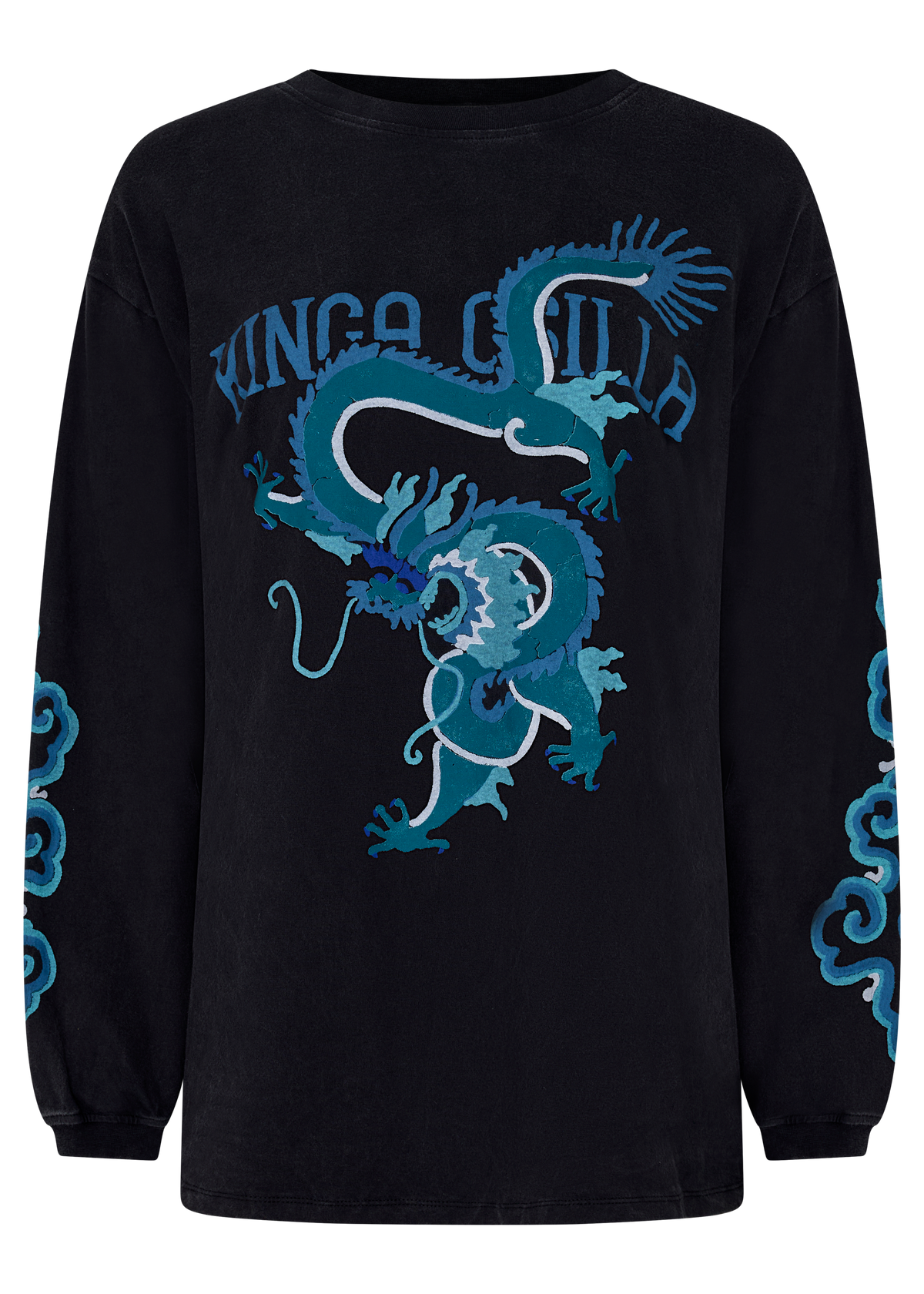Black long-sleeve shirt with blue dragon design and 'Kinga Csilla' text on a white background
