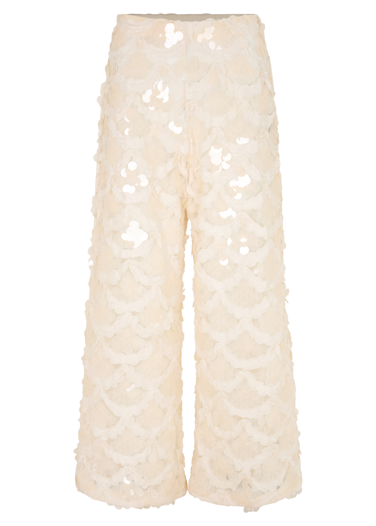 Cream wide-leg sequin pants in a scallop pattern, displayed on a plain white background.