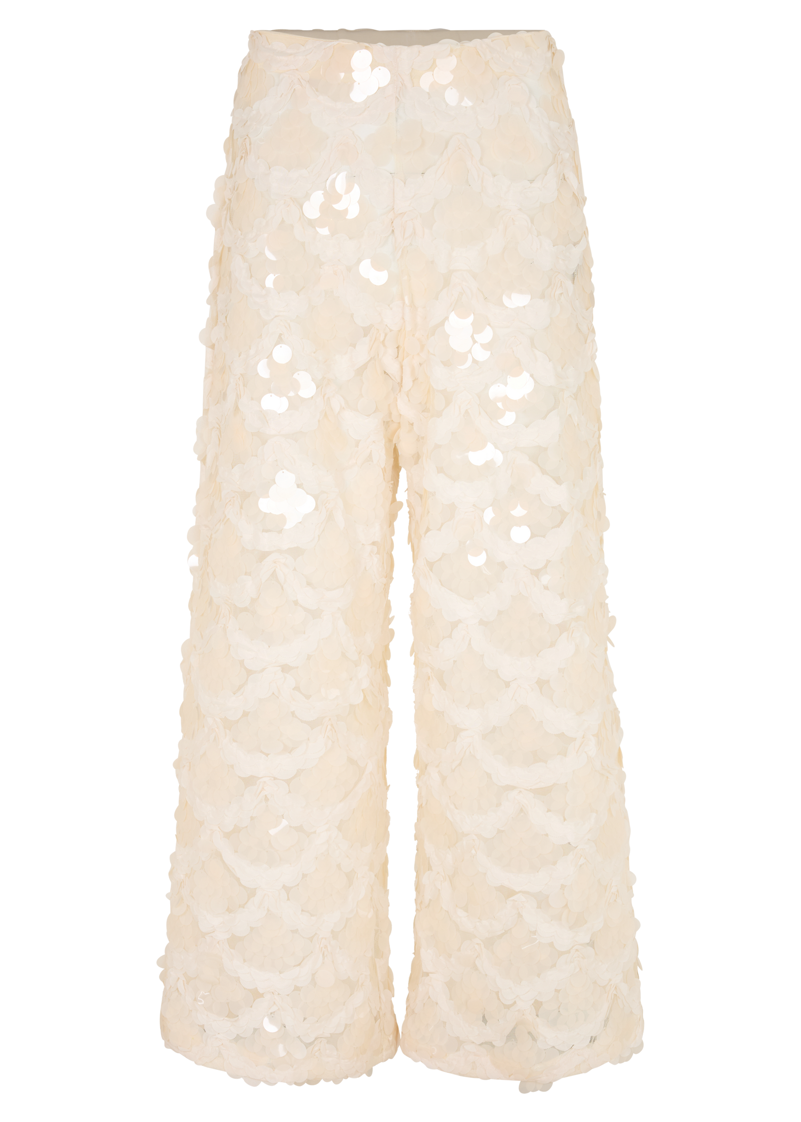 Cream wide-leg sequin pants in a scallop pattern, displayed on a plain white background.