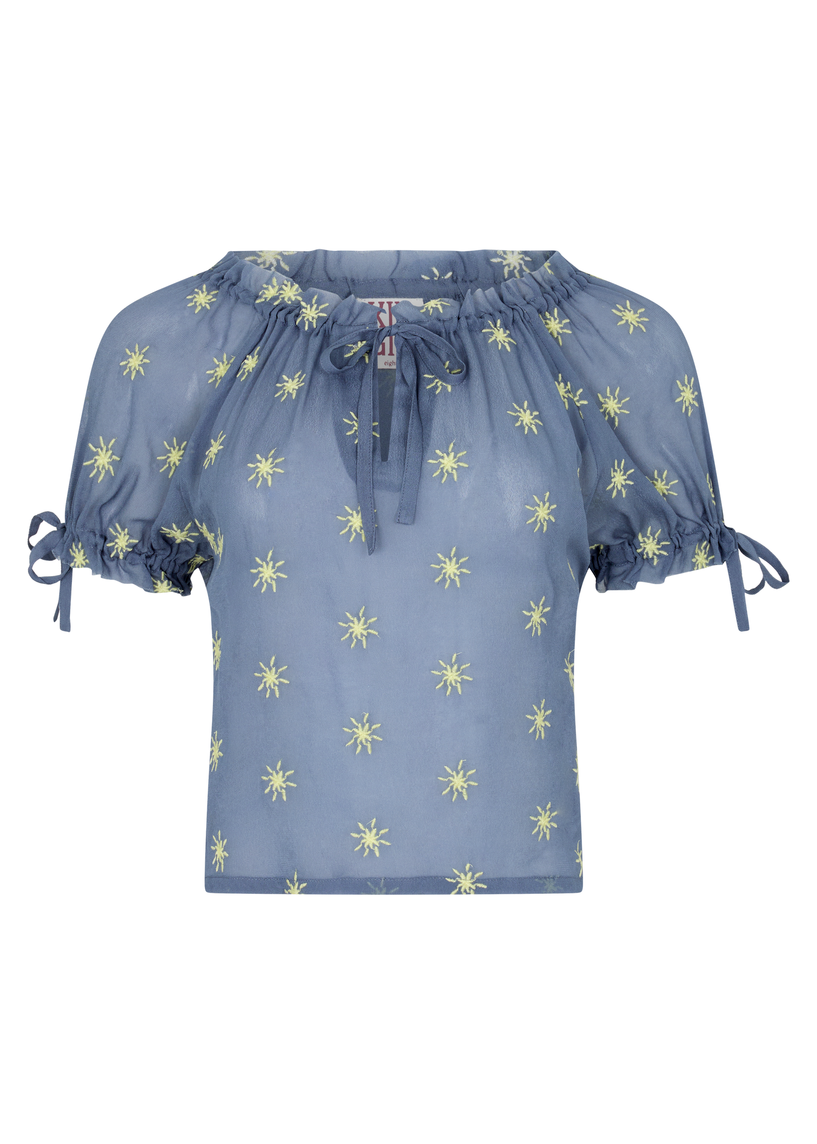 Sheer blue blouse with delicate sunburst embroidery, drawstring neckline, and airy cropped silhouette for summer style.