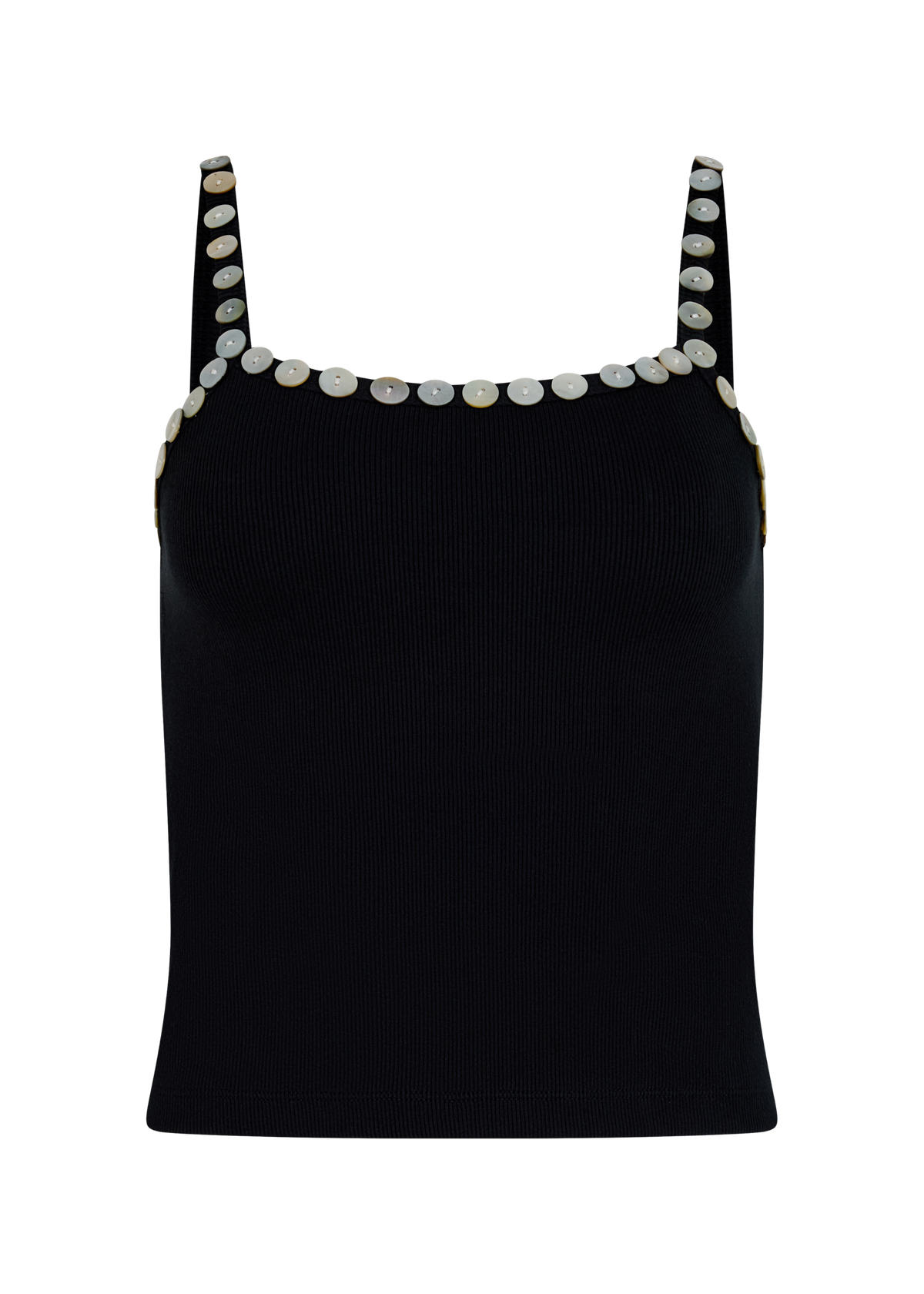 A black camisole top with button neckline and strap embellishments, displayed on a white background