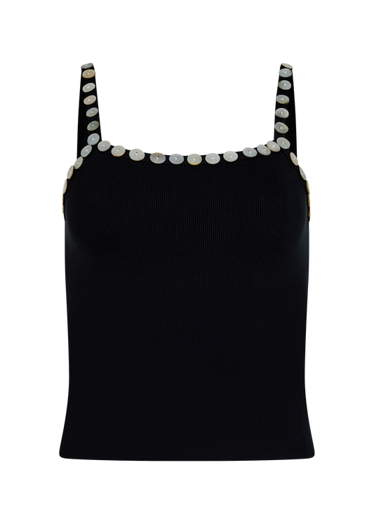 A black camisole top with button neckline and strap embellishments, displayed on a white background