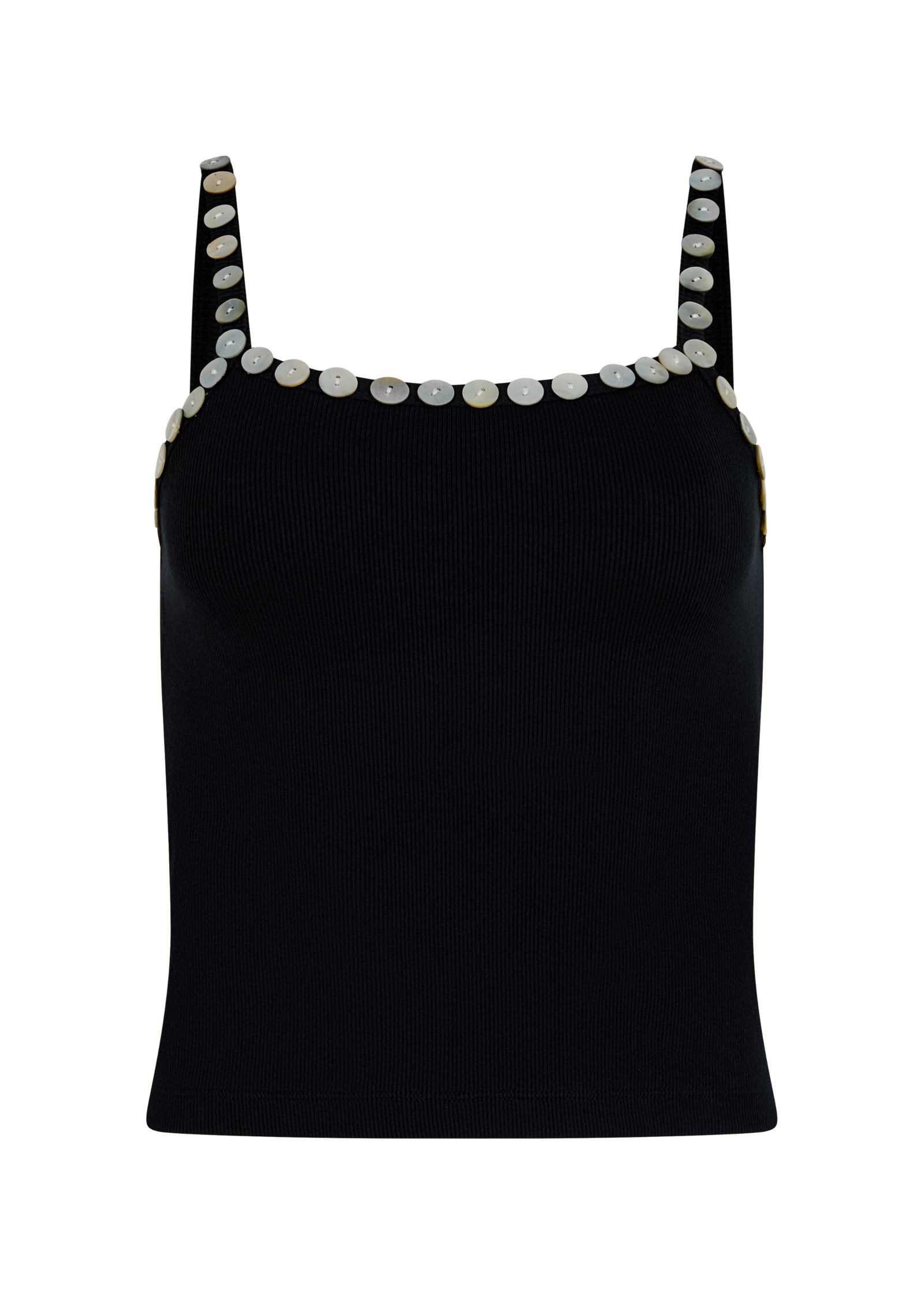 A black camisole top with button neckline and strap embellishments, displayed on a white background