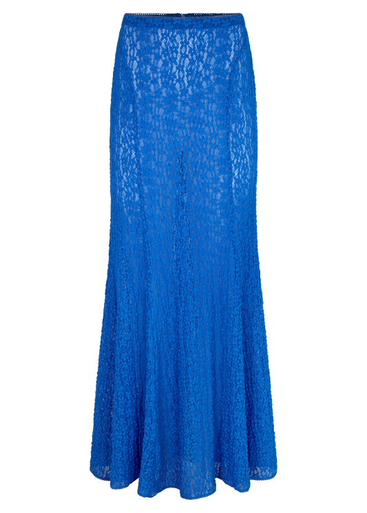 A bright royal blue lace maxi skirt with a subtle textured pattern, displayed on a clean white background.