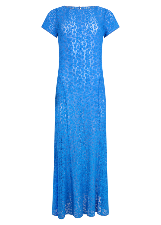 A short sleeve blue maxi dress with a floral lace texture, displayed on a white background