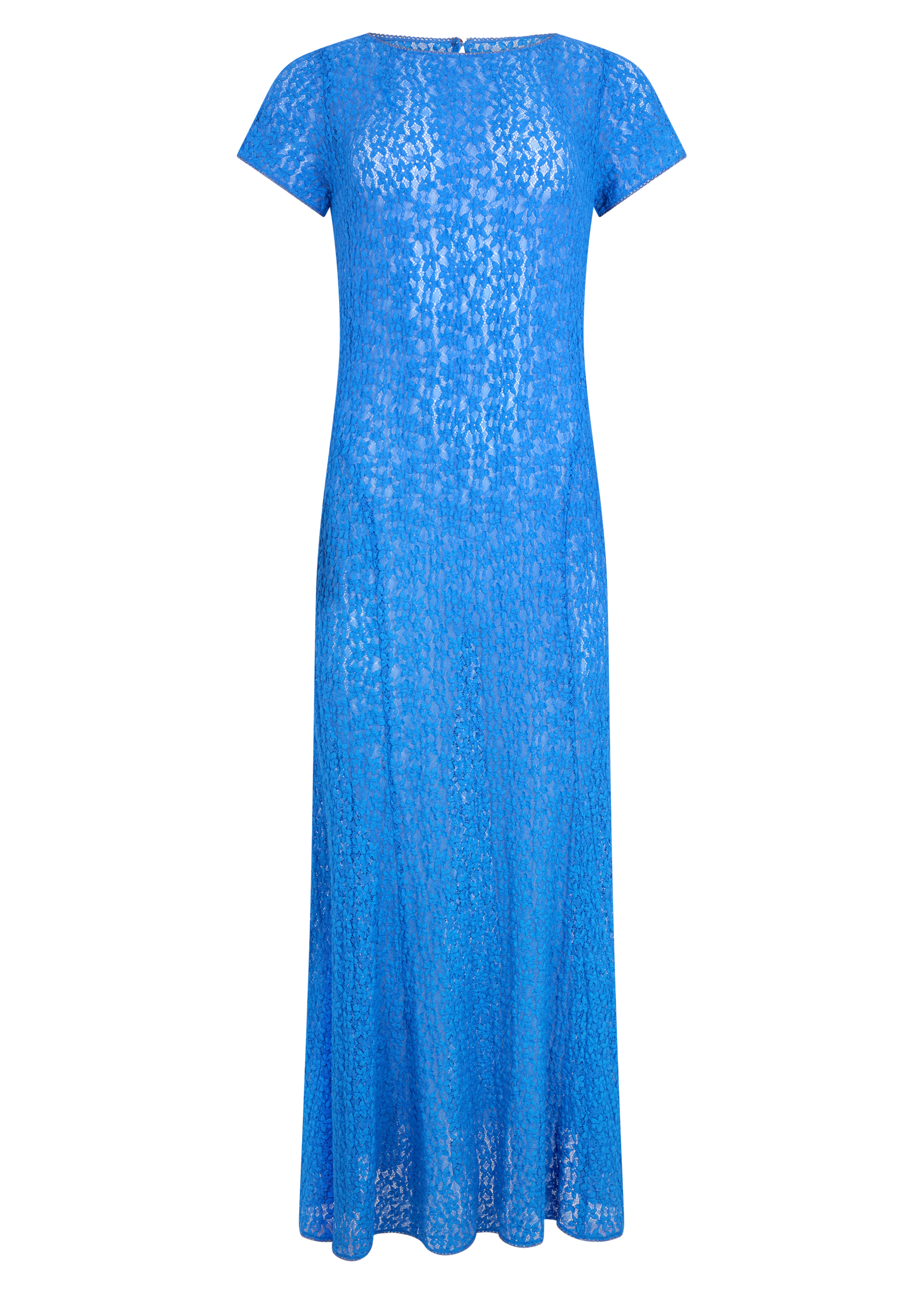 A short sleeve blue maxi dress with a floral lace texture, displayed on a white background