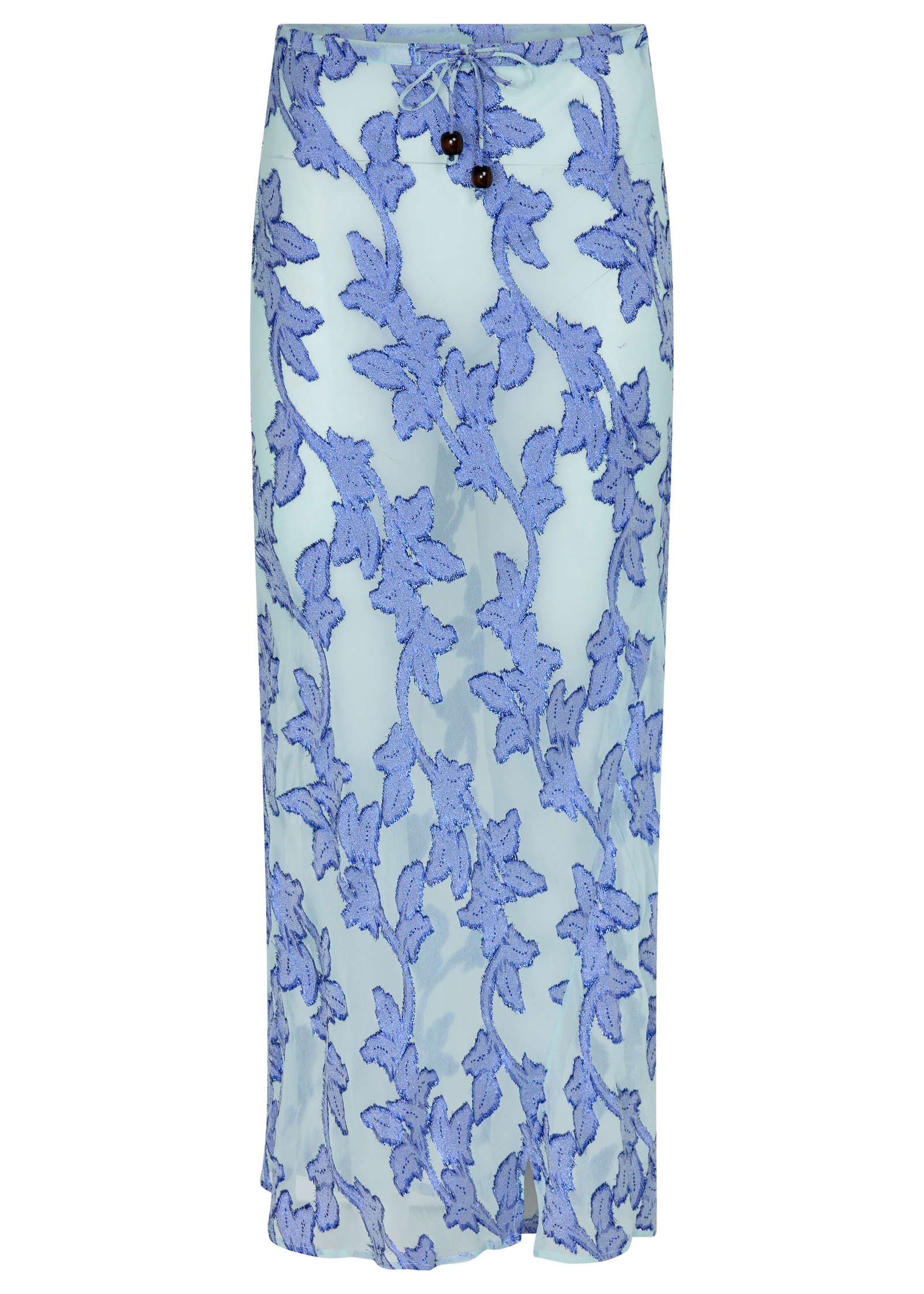 Semi-sheer vivid blue maxi skirt with gold botanical embroidery, bias cut silhouette, and beaded drawstring waist detail.