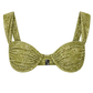 An olive green bikini top with a textured, wavy abstract pattern, featuring a central knot detail and adjustable shoulder straps, shown against a plain white background.
