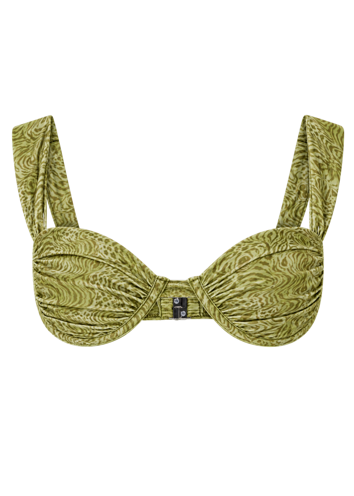 An olive green bikini top with a textured, wavy abstract pattern, featuring a central knot detail and adjustable shoulder straps, shown against a plain white background.