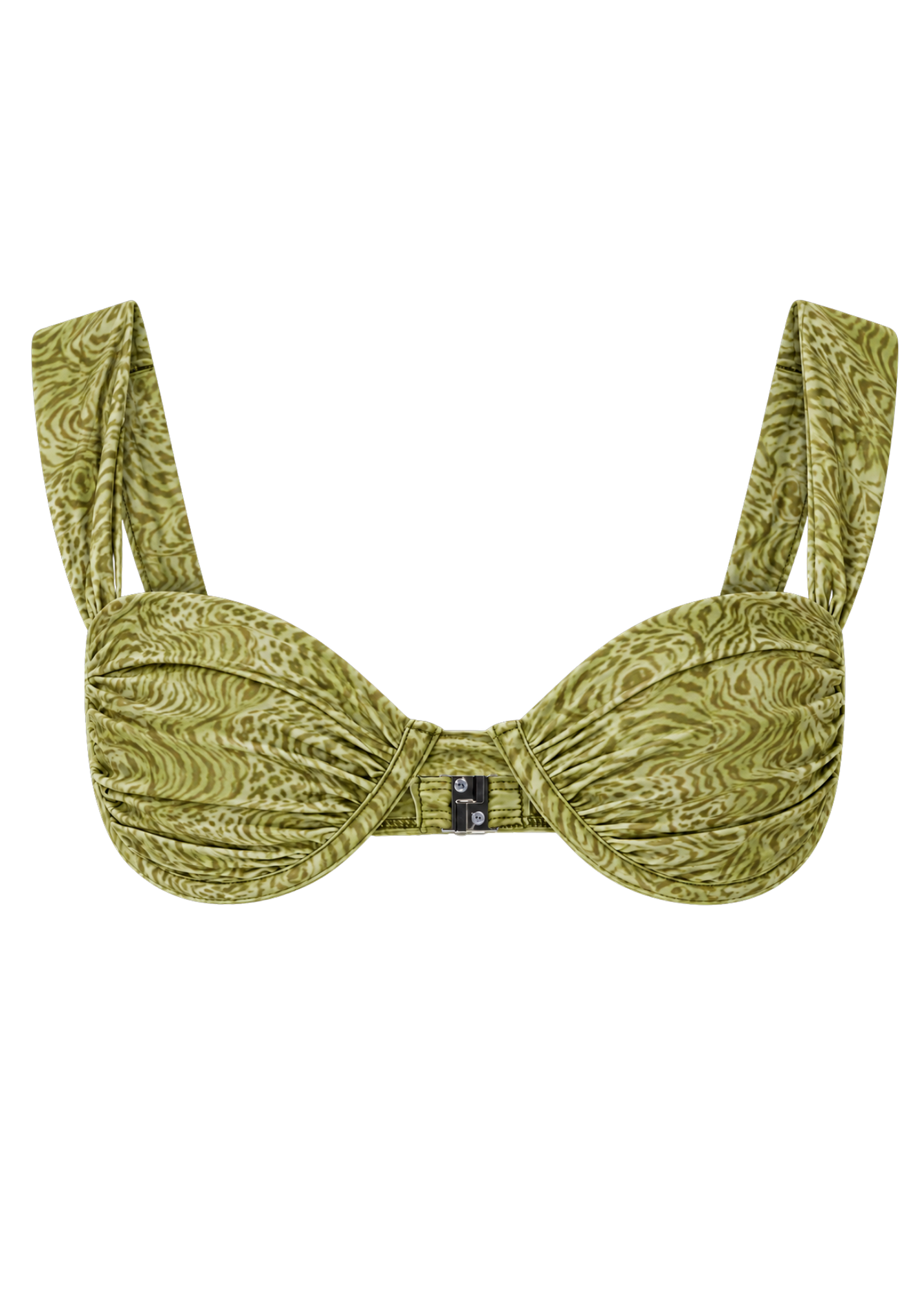An olive green bikini top with a textured, wavy abstract pattern, featuring a central knot detail and adjustable shoulder straps, shown against a plain white background.