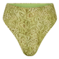 A pair of high-waisted bikini bottoms featuring an abstract wavy pattern in olive green, tan, and light green, displayed on a solid white background.
