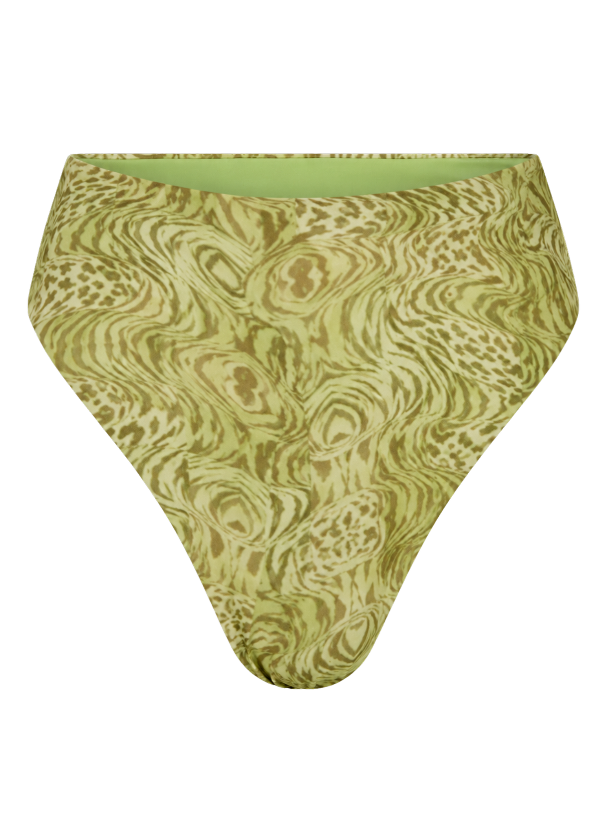 A pair of high-waisted bikini bottoms featuring an abstract wavy pattern in olive green, tan, and light green, displayed on a solid white background.