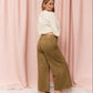 A woman stands in profile wearing wide-leg pants in an olive-brown denim fabric, paired with a white cropped blouse and flat sandals, set against a draped pink fabric backdrop.