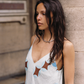 Kinga Csilla Aquarius Sia slip dress neckline detail linen fabric with celestial star print