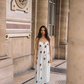 Kinga Csilla Aquarius Sia slip dress front view baby blue linen maxi with celestial print