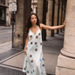 Kinga Csilla Aquarius Sia slip dress baby blue linen maxi with celestial print and plunging neckline