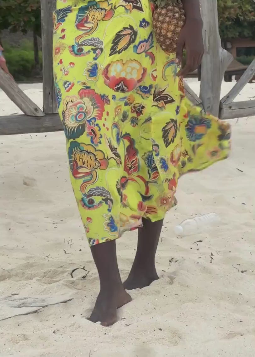 yellow floral patterned midi dress