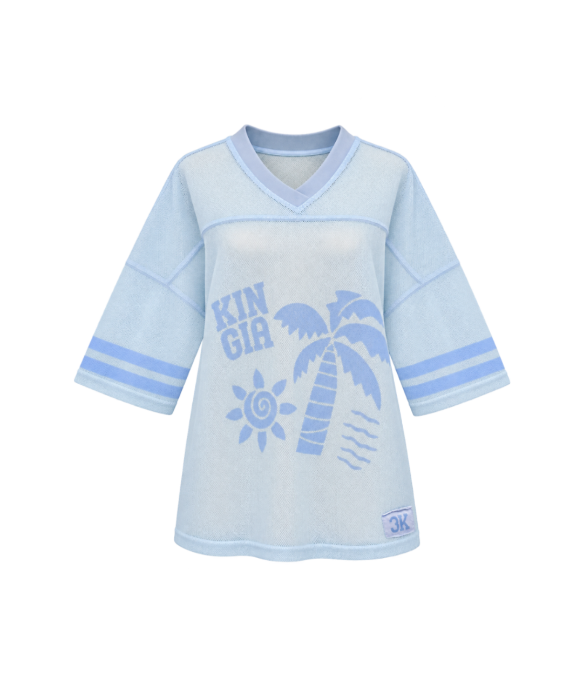 A light blue v-neck mesh shirt with blue striped sleeves, a beach scenery graphic and 'KINGA' text, displayed on a white background